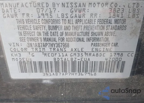 2017 Nissan Sentra S z USA, uszkodzony, nr VIN 3N1AB7AP7HY367968